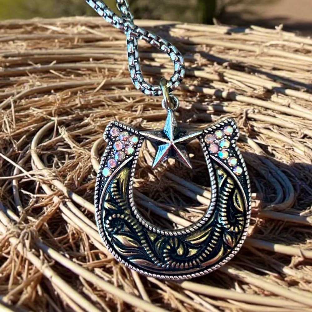Silver and Gold Toned Horseshoe Necklace with Star Accent on a 24” chain - Picture 7 of 17